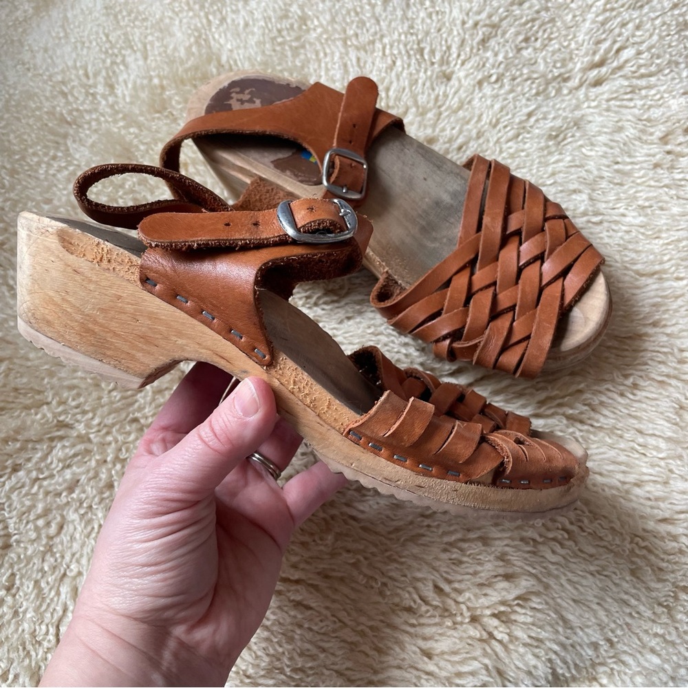 Swedish Hasbeens woven leather sandals with wood soles - AS IS